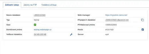 Základní údaje databáze ve správci hostingu s heslem