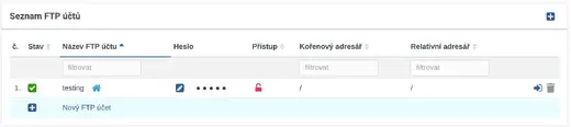 Seznam FTP účtů se stavem a přístupovými právy