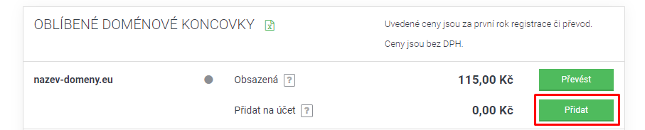 Přidat doménu na účet do Centra administrace